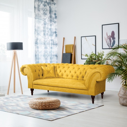 Pikowana sofa trzyosobowa PORTO w kolorze żółtym Chesterfield