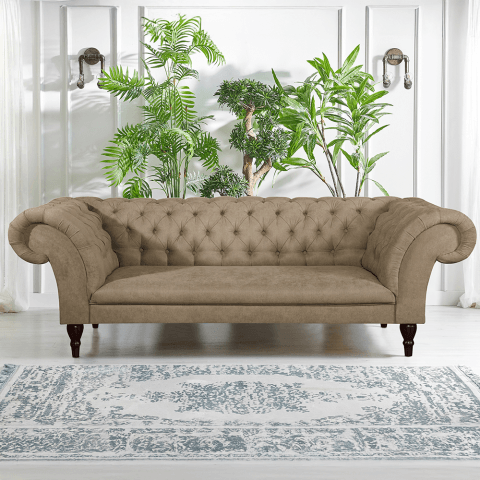 Beżowa sofa 3-osobowa PORTO – pikowana, wygodna, w stylu Chesterfield