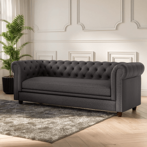 Ciemnoszara sofa pikowana SYDNEY – elegancja i komfort w stylu Chesterfield