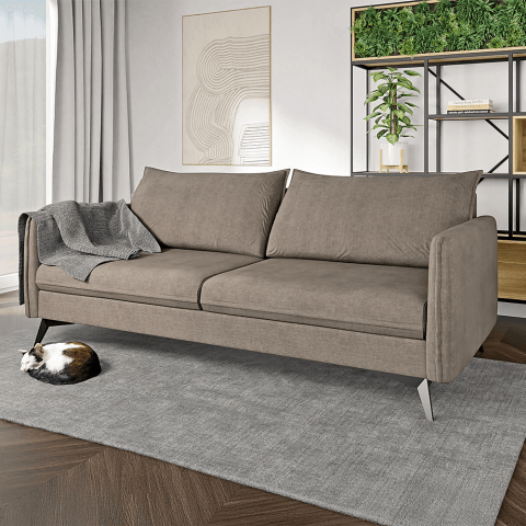 Szarobeżowa sofa trzyosobowa Verto High – welurowa, elegancka, na metalowych nóżkach