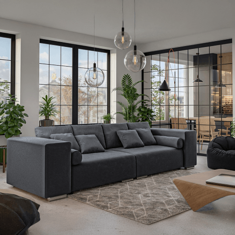 Elegancka grafitowa sofa trzyosobowa – Lori w welurze z ozdobnymi poduszkami