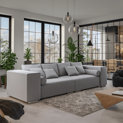 Sofa Lori szara – nowoczesna i wygodna, z poduszkami, w eleganckim welurze