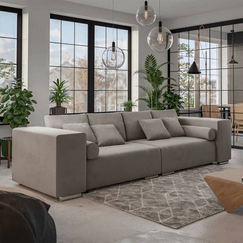 Trzyosobowa sofa szarobeżowa – model Lori, wygodna, do salonu, z funkcją spania i poduszkami