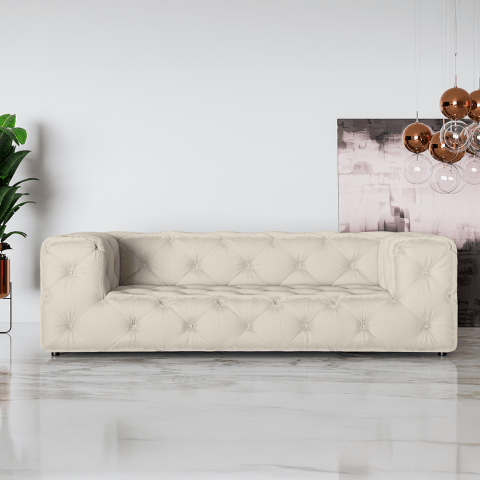 Sofa trzyosobowa Chesterfield Bentley kolor jasnobeżowy, pikowana idealna do pokoju dziennego