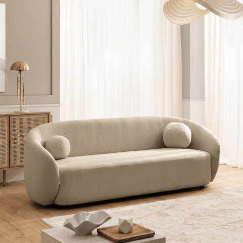 Beżowa sofa trzyosobowa Cloudi – stylowa, komfortowa, z okrągłymi poduszkami