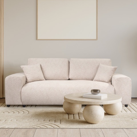 Beżowa sofa Candi – trzyosobowa, nowoczesna, z poduszkami, idealna do przytulnego salonu