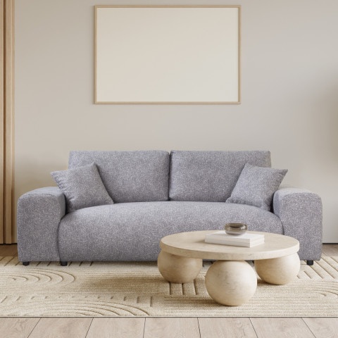 Sofa Candi szara – nowoczesna forma, trzyosobowa, z poduszkami, do mniejszych przestrzeni