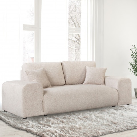 Sofa dwuosobowa Candi beżowa – wygodna, z poduszkami, nowoczesna propozycja do salonu