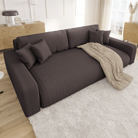 Ciemnobrązowa sofa Sergio z funkcją spania – nowoczesność i wygoda w tkaninie sztruksowej