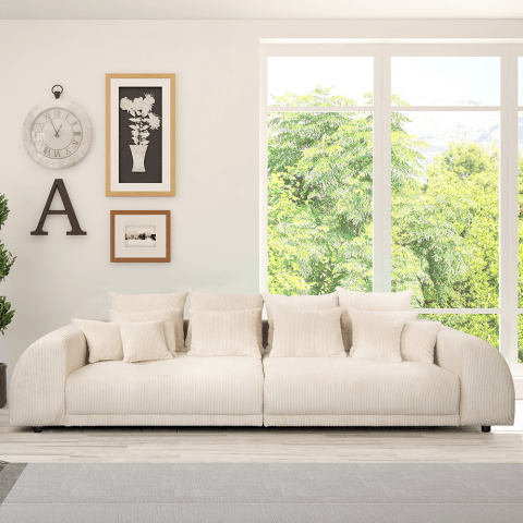 Sofa czteroosobowa Noemi – beżowy sztruks, wygodna, z poduszkami, idealna do salonu