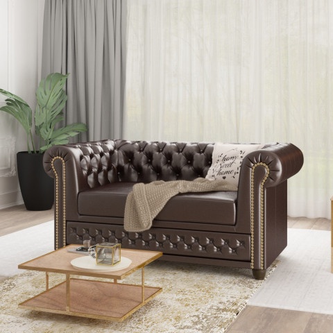 Sofa pikowana w brązowej ekoskórze, dwuosobowa Chesterfield FELIX 2