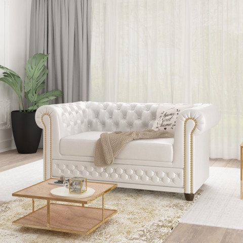 Wygodna sofa dwuosobowa w białej ekoskórze Chesterfield FELIX 2