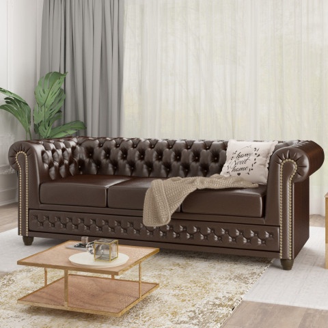 Elegancka sofa trzyosobowa pikowana Chesterfield FELIX 3 - Brązowa ekoskóra