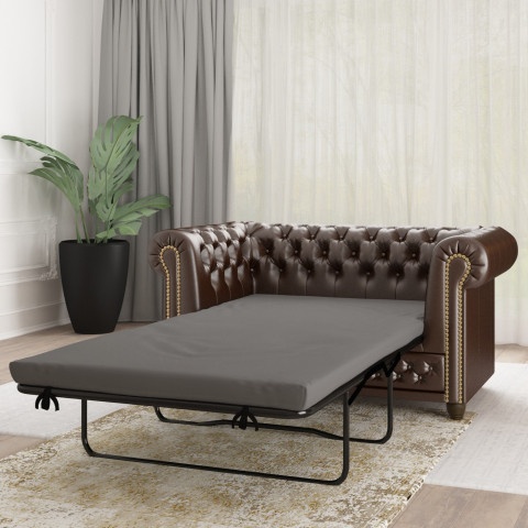 Pikowana sofa 2-osobowa z funkcją spania FELIX 2 – styl Chesterfield, ekoskóra brązowa