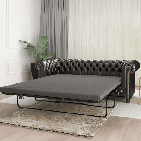 Czarna sofa rozkładana Chesterfield FELIX 3 z funkcją spania – ekoskóra, styl klasyczny