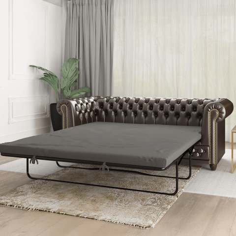 Brązowa sofa trzyosobowa pikowana ekoskóra FELIX 3 – styl Chesterfield z funkcją spania