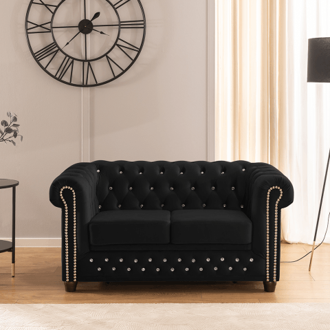 Sofa Felix Blink czarna – pikowana z kryształkami i funkcją spania Chesterfield