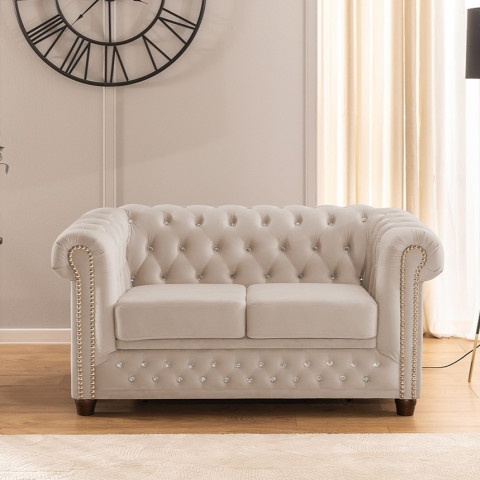 Mała sofa beżowa z kryształkami Felix Blink – pikowana z funkcją spania