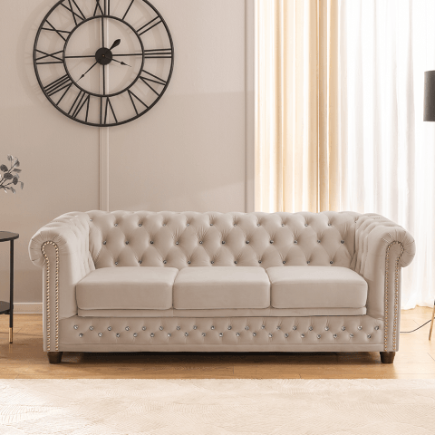 Beżowa sofa z kryształkami Felix Blink z funkcją spania pikowana Chesterfield