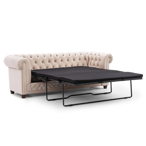Beżowa sofa z kryształkami Felix Blink z funkcją spania pikowana Chesterfield