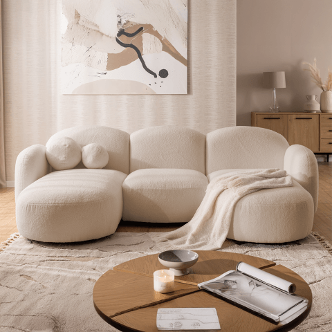 Narożnik pięcioosobowy Bloop U-kształtny z ozdobnymi poduszkami beżowy boucle