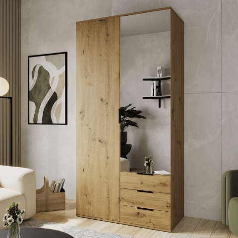 Szafa uchylna dwudrzwiowa z lustrem i szufladami MOBI - 110x245x53