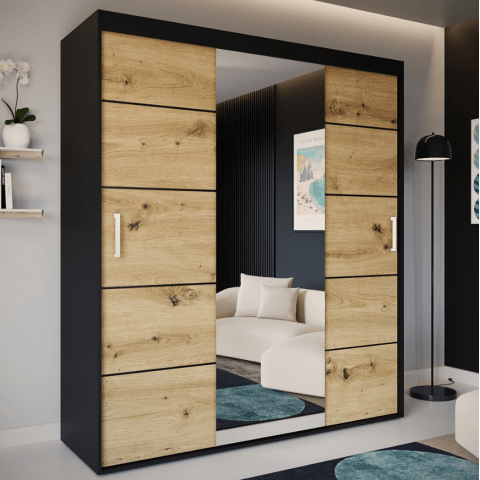 Szafa przesuwna dwudrzwiowa czarny i wotan z lustrem NIKA - 160x250x60