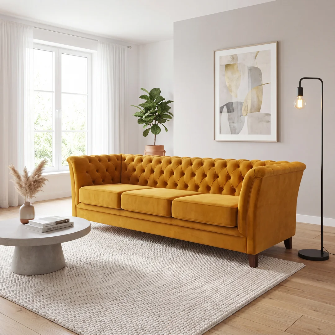 Sofa trzyosobowa z funkcją spania pikowana Chesterfield HASSO 237x82 — zdjęcie 5