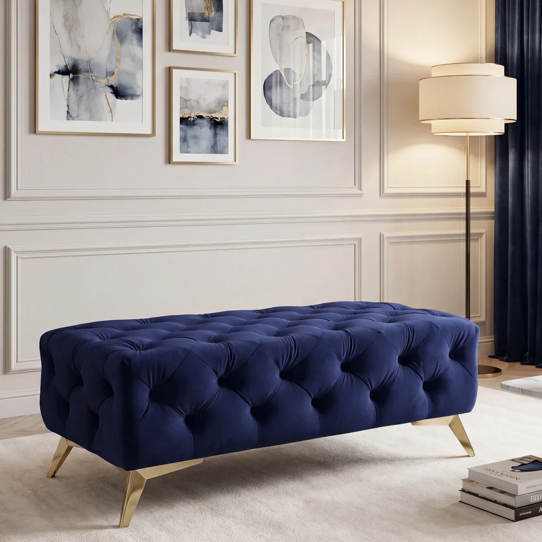 Elegancki granatowy Puf pikowany 120x60 podnóżek TEO tk. French Velvet 671 — zdjęcie 1