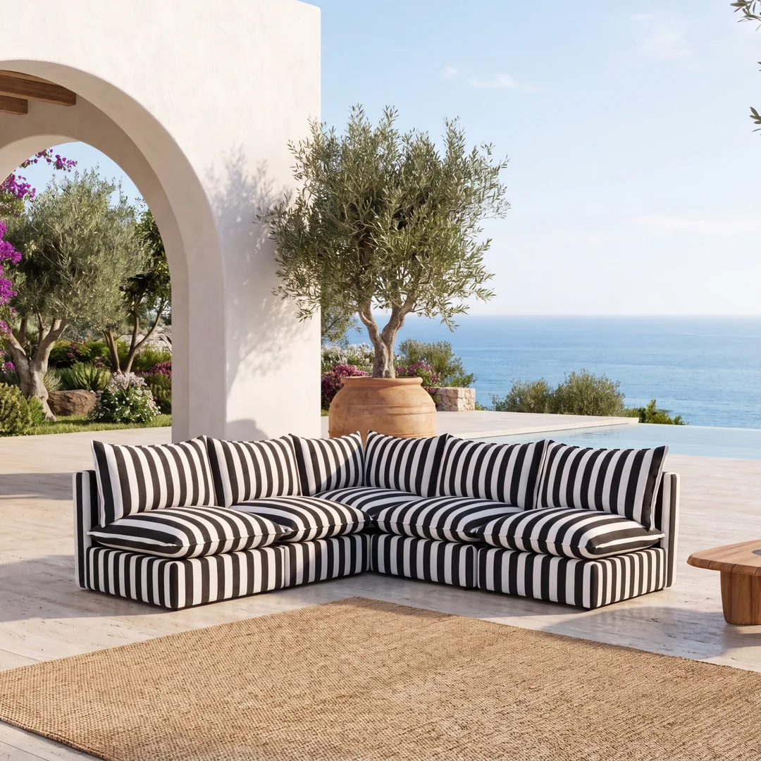 Narożnik ogrodowy Marvella 2 modułowa sofa Outdoor w czarne paski — zdjęcie 1