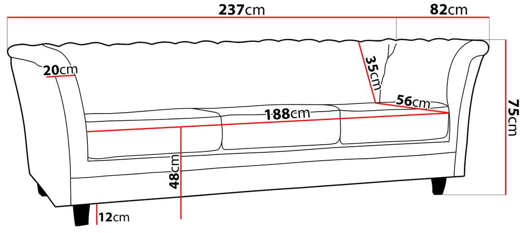 Sofa trzyosobowa z funkcją spania pikowana Chesterfield HASSO 237x82 — zdjęcie 15