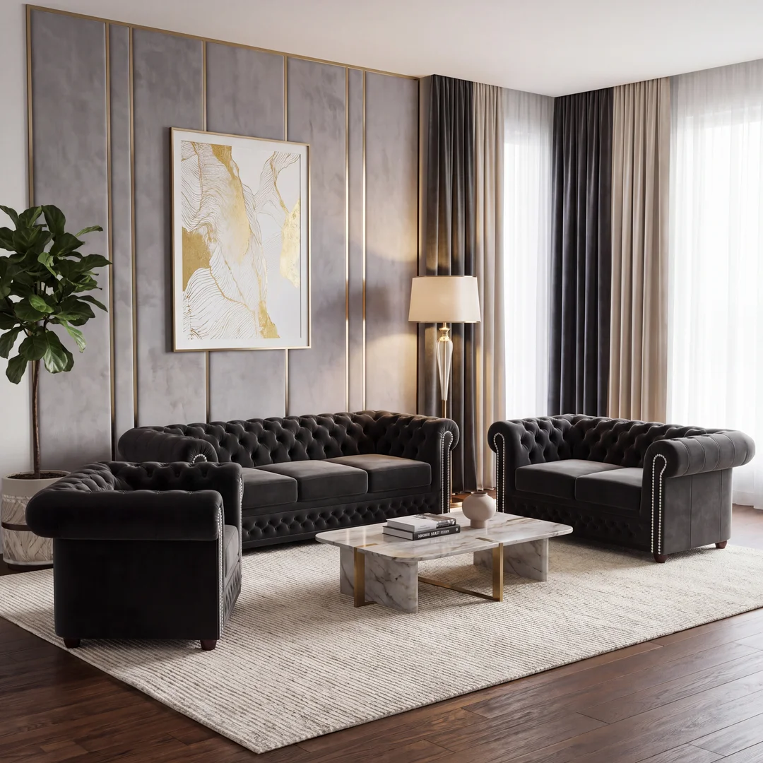 Zestaw mebli pikowanych Chesterfield 3+2+1 FELIX — Riviera 100