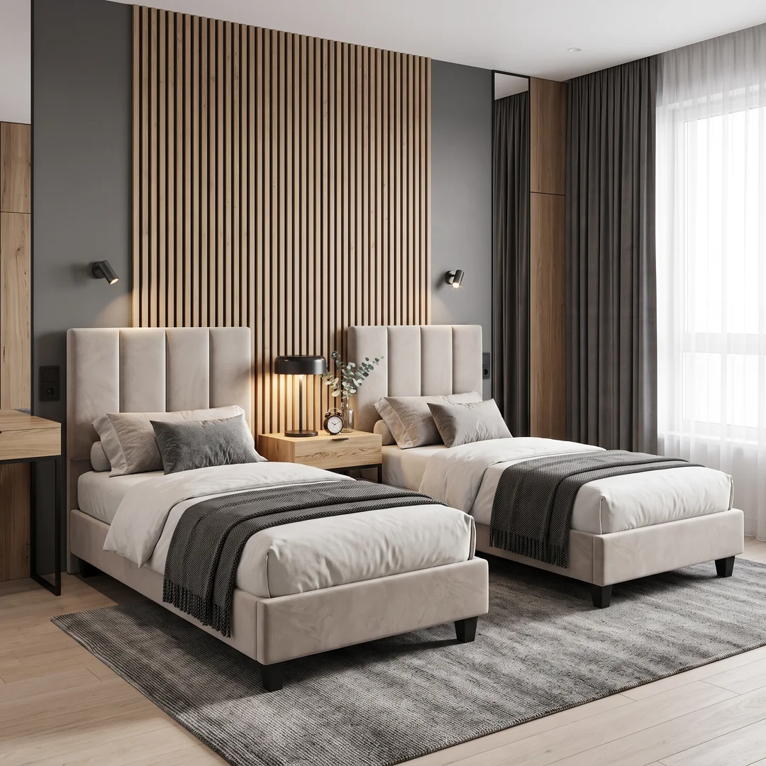 Łóżko hotelowe tapicerowane podwójne z wezgłowiem Nilox z możliwością łączenia — Riviera 16