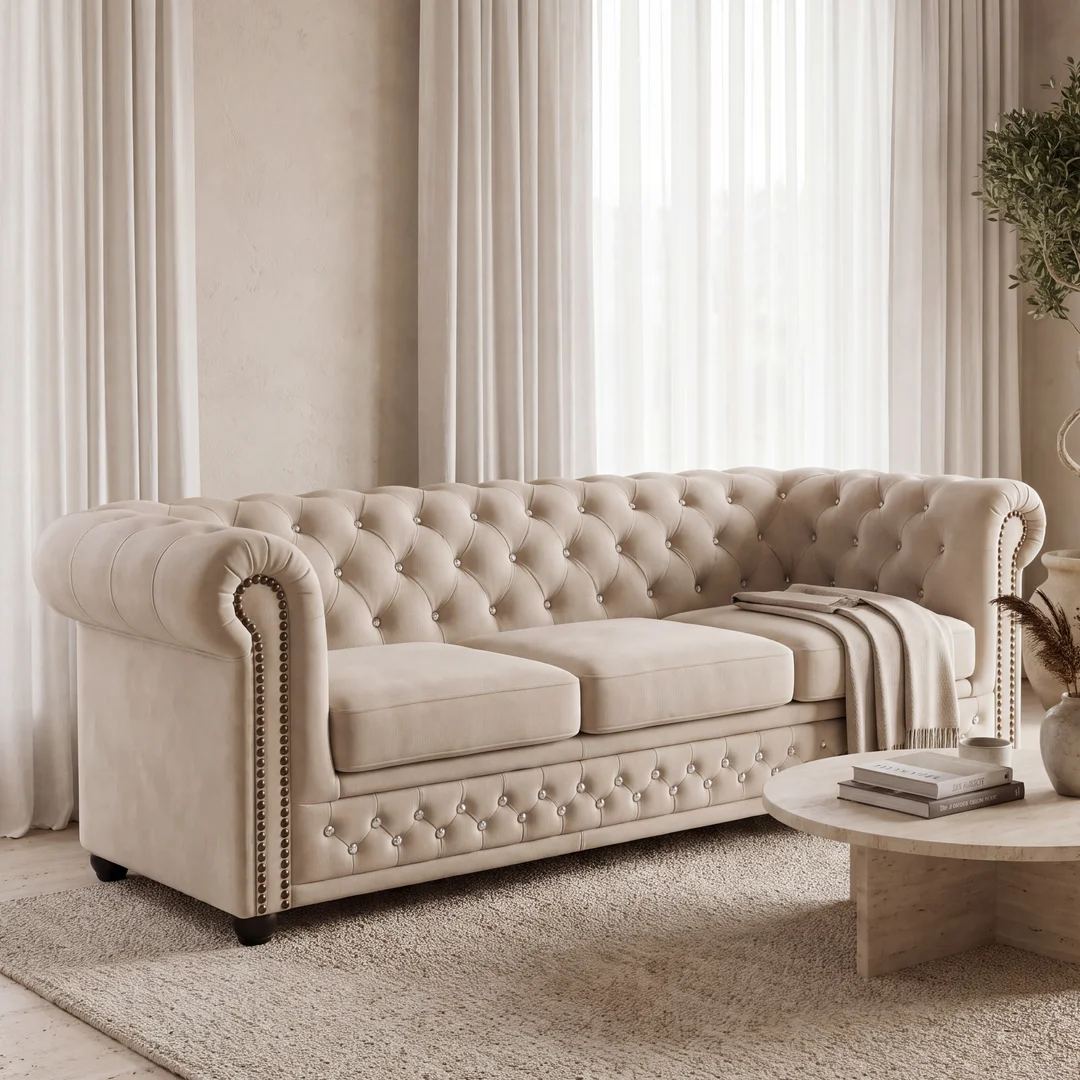 Beżowa sofa pikowana FELIX BLINK z kryształkami w stylu Chesterfield — zdjęcie 1