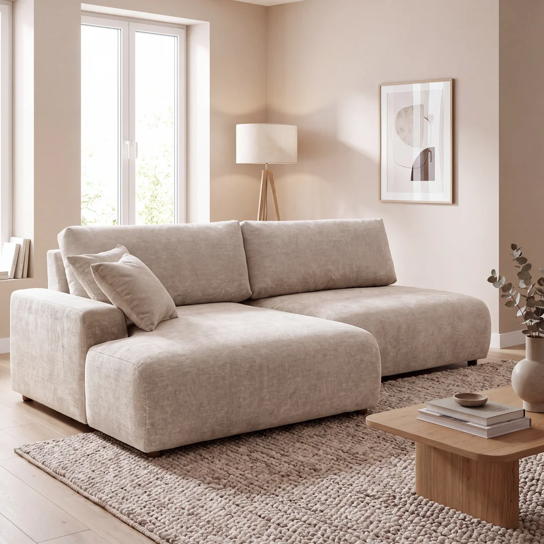 Nowoczesny narożnik L-kształtny czteroosobowy z funkcją spania Merlin 238x140 — Vibe 03