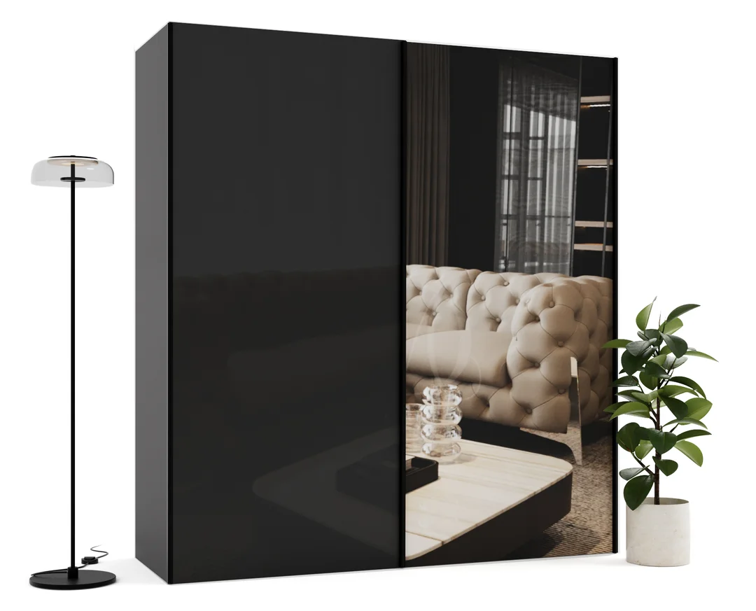 Szafa przesuwna dwudrzwiowa z lacobelem i lustrem na wymiar ALKES PREMIUM — Lacobel - Czarny, Korpus - Grafit