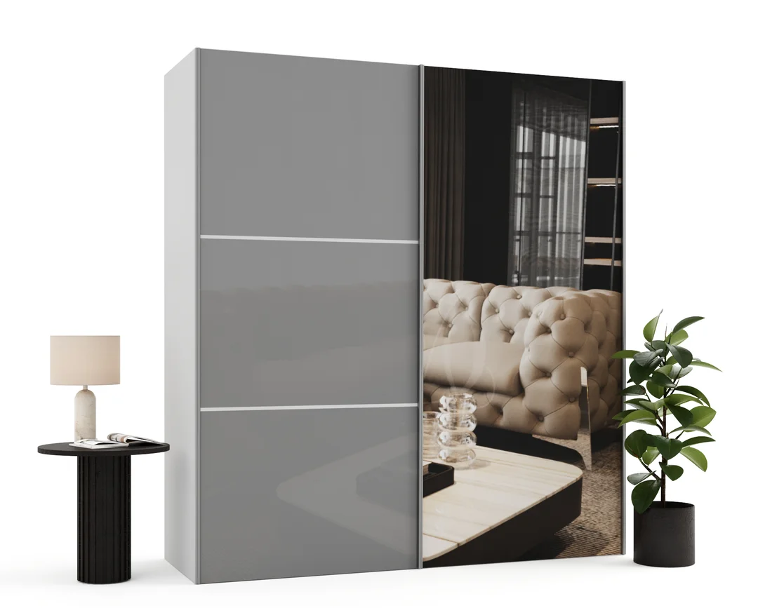 Szafa przesuwna dwudrzwiowa z lacobelem i lustrem na wymiar ASTERION PREMIUM — Lacobel - Szary, Korpus - Biały, Front - Biały