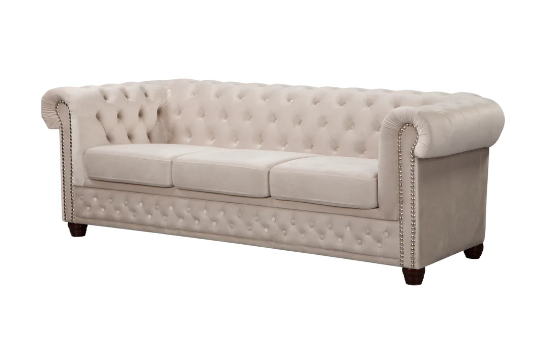 Wygodna sofa do salonu, trzyosobowa pikowana Chesterfield FELIX 3 - Jasny beż 203x86 — zdjęcie 2