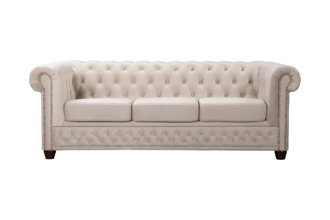 Wygodna sofa do salonu, trzyosobowa pikowana Chesterfield FELIX 3 - Jasny beż 203x86 — zdjęcie 4