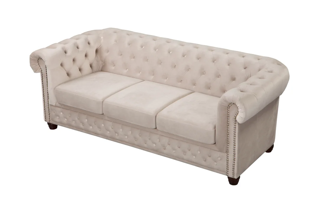 Wygodna sofa do salonu, trzyosobowa pikowana Chesterfield FELIX 3 - Jasny beż 203x86 — zdjęcie 3
