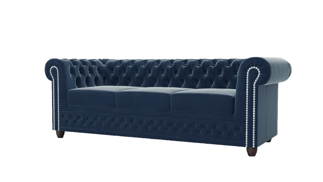 Sofa welurowa pikowana trzyosobowa Chesterfield FELIX 3 Granatowa 203x86 — zdjęcie 2
