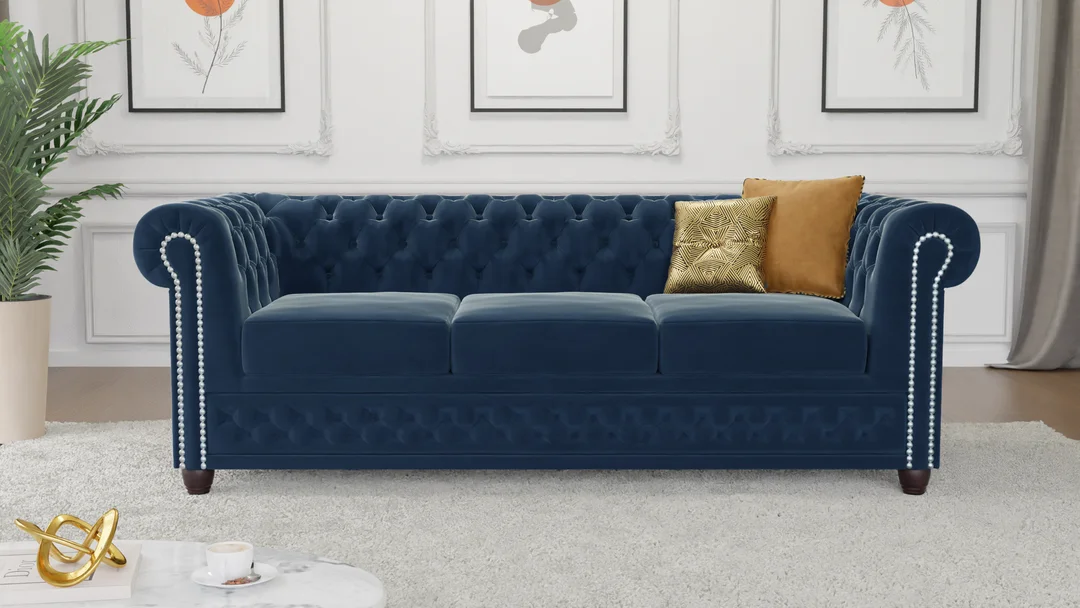 Sofa welurowa pikowana trzyosobowa Chesterfield FELIX 3 Granatowa 203x86 — zdjęcie 3