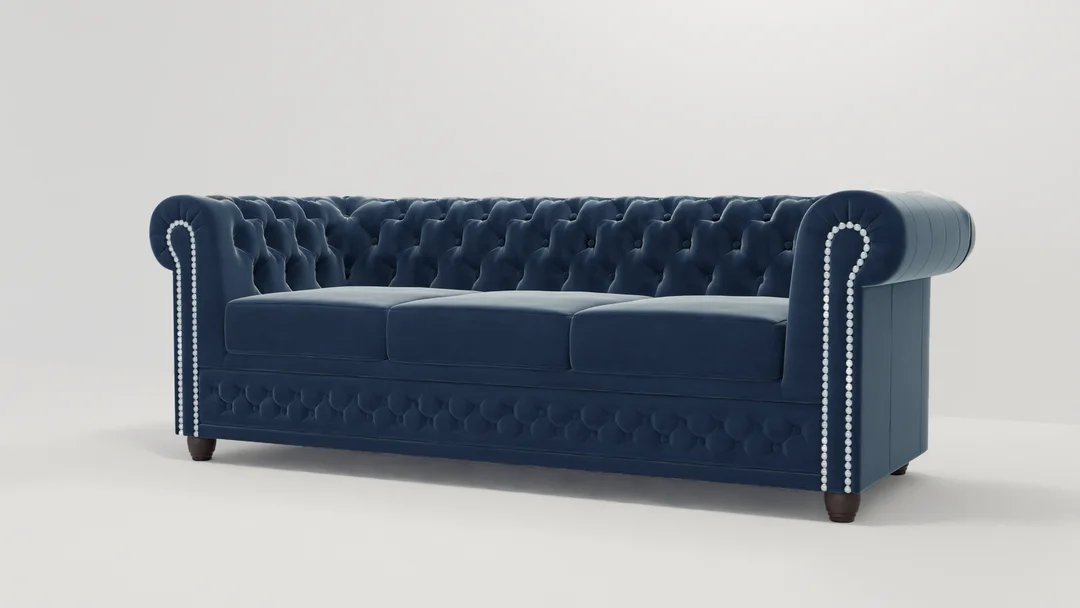 Sofa welurowa pikowana trzyosobowa Chesterfield FELIX 3 Granatowa 203x86 — zdjęcie 5