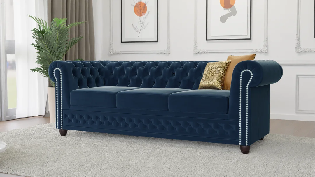 Sofa welurowa pikowana trzyosobowa Chesterfield FELIX 3 Granatowa 203x86 — zdjęcie 4