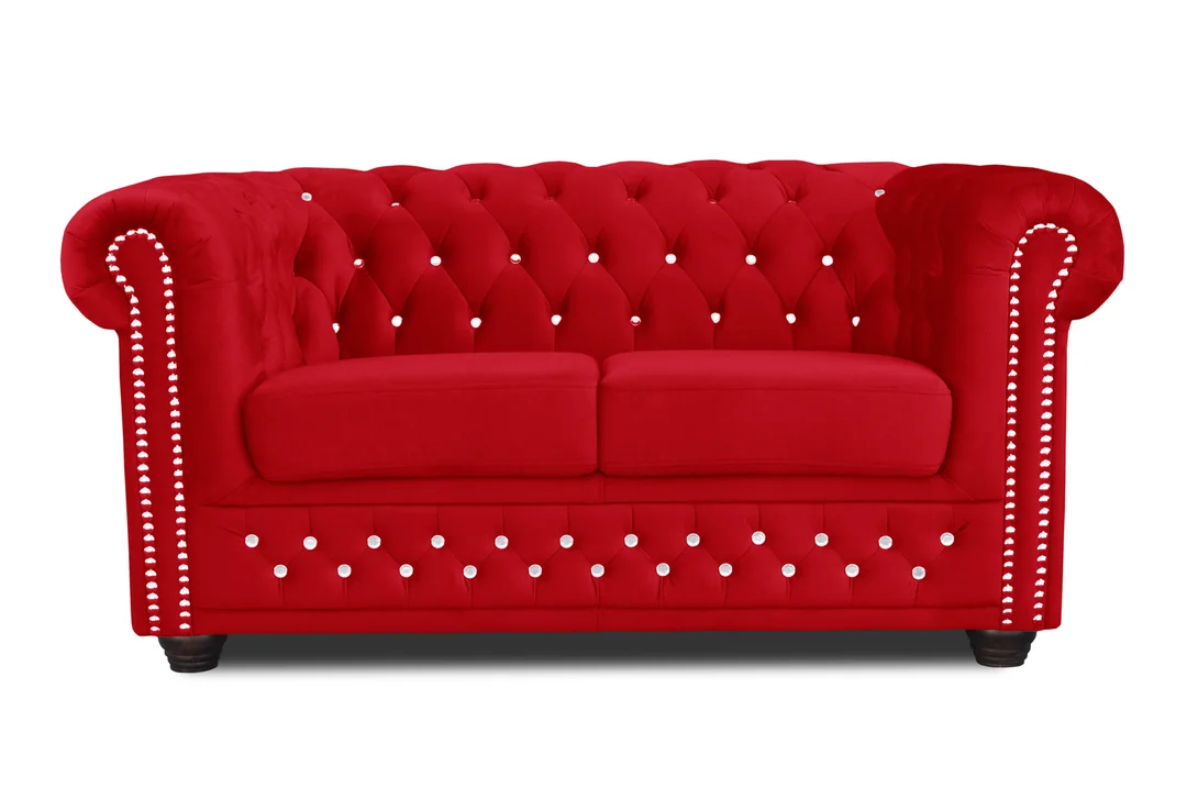 Czerwona sofa pikowana FELIX BLINK 2 z ozdobnymi kryształkami – styl Chesterfield glamour 148x86 — zdjęcie 1