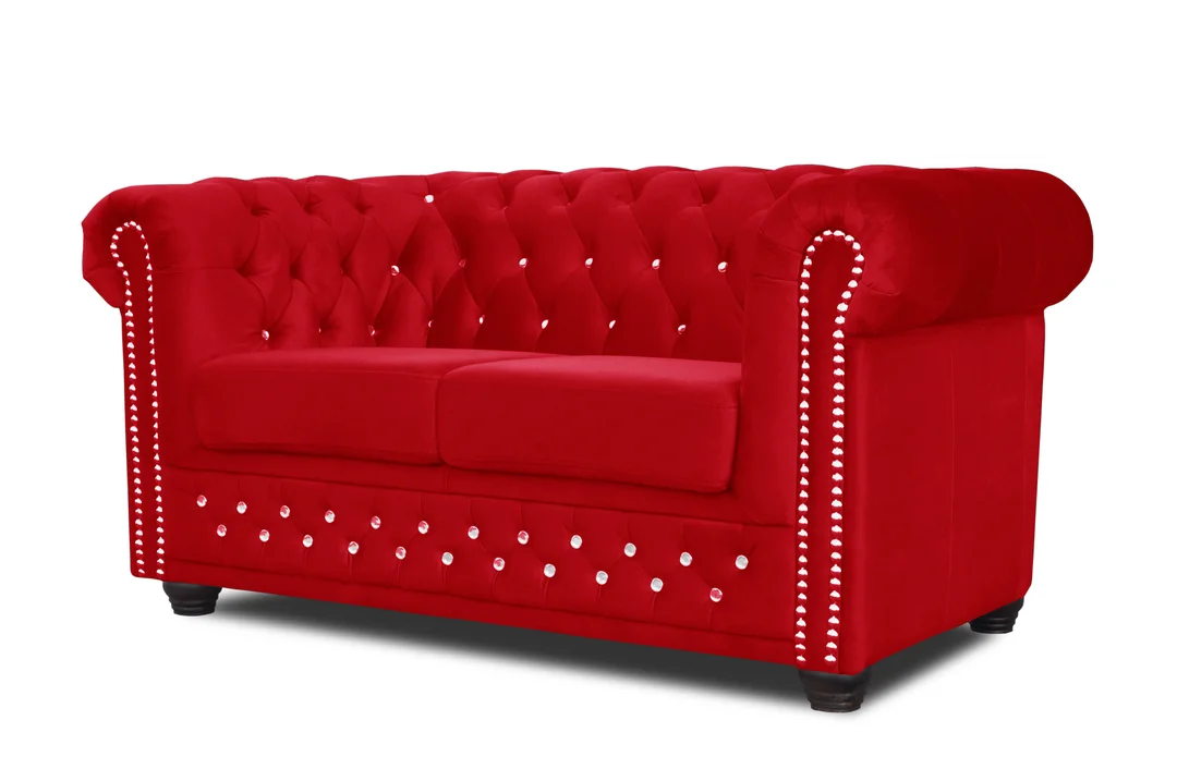 Czerwona sofa pikowana FELIX BLINK 2 z ozdobnymi kryształkami – styl Chesterfield glamour 148x86 — zdjęcie 2