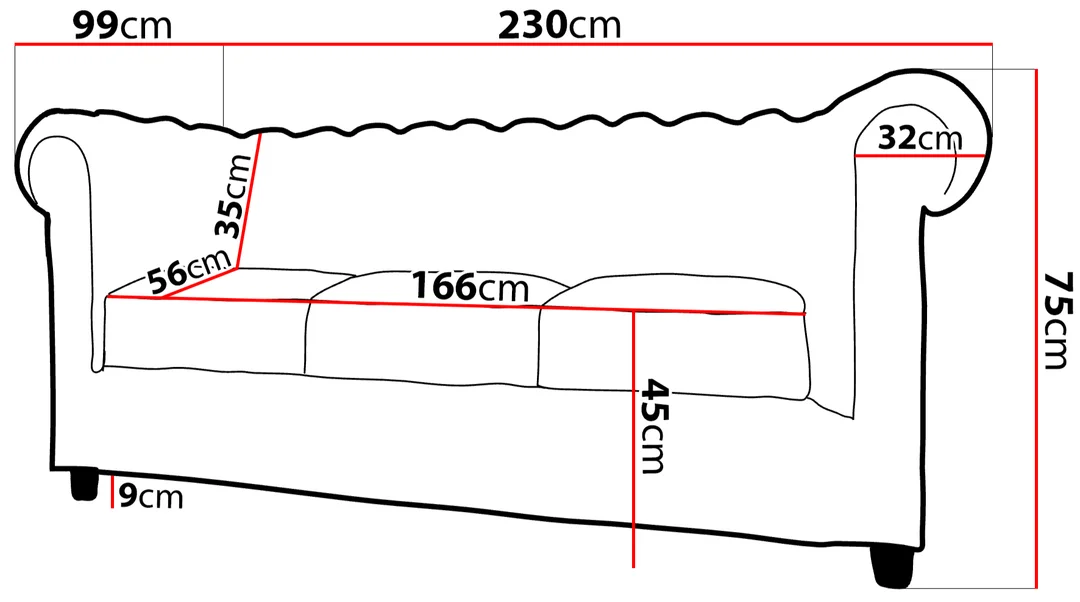 Czarna sofa pikowana 3-osobowa chesterfield Solaris 3 – elegancka, wygodna, do salonu 230x99 — zdjęcie 5