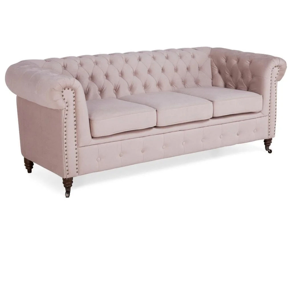 Sofa trzyosobowa Chesterfield VINCENT – pudrowy róż, welurowa tkanina 203x87 — zdjęcie 2