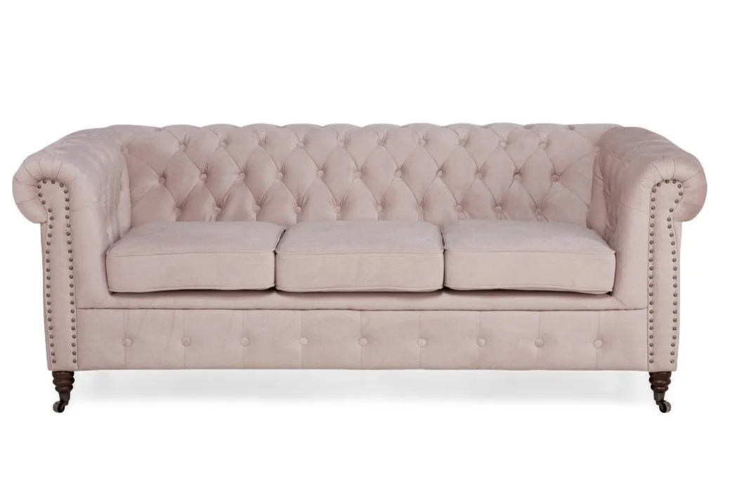 Sofa trzyosobowa Chesterfield VINCENT – pudrowy róż, welurowa tkanina 203x87 — zdjęcie 1