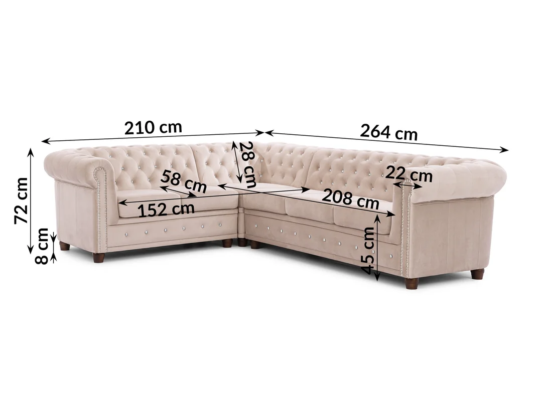 Narożnik sześcioosobowy pikowany Chesterfield FELIX BLINK 2+E+3 z kryształkami 264x210 — Riviera 21